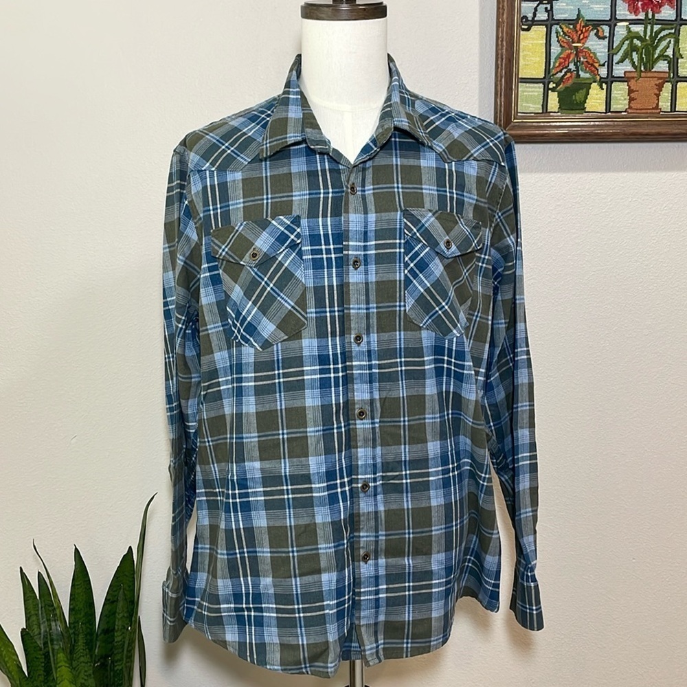 Wrangler Western Flannel Blue Green White Button Up Shirt X-LARGE